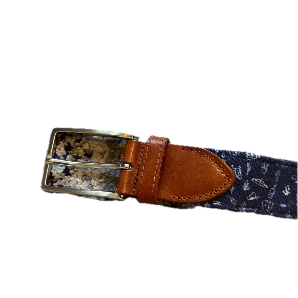 Peter Millar Mens 38 Belt Navy Canvas Western Print Leather Trim Made in Italy